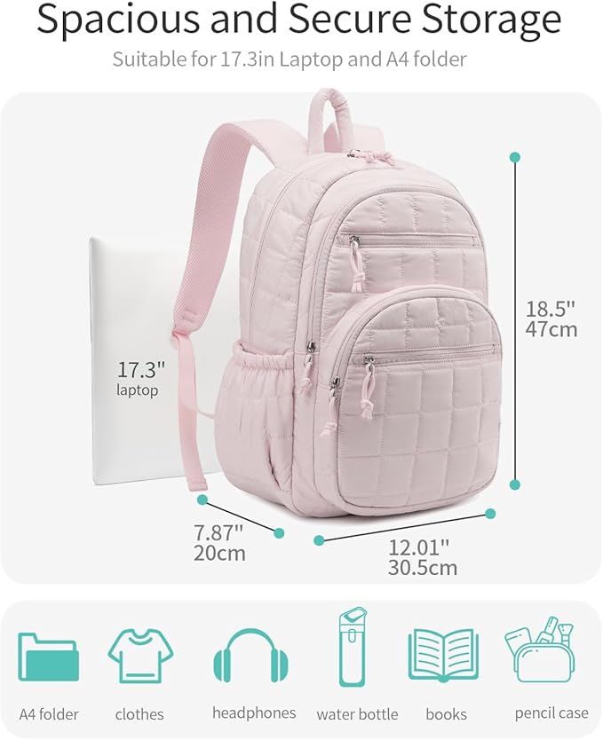 Bookbag for Women, Teen Girls Backpack for High School College Student, Puffer Quilted Back Pack Cute Laptop Backpack 17.3in for Work Travel Mom Casual, Pink