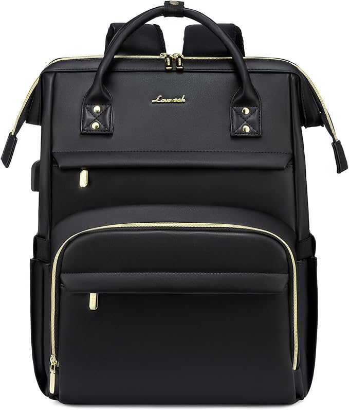 LOVEVOOK Leather Laptop Backpack for Women 17 inch,Travel Backpack Purse Nurse Teacher Backpack Computer Laptop Bag,Professional College Business Work Bags Carry On Backpack with USB Port,Black