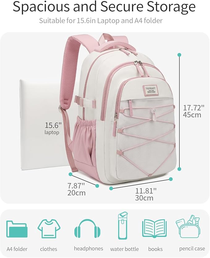 Teen Backpack for Girls, Women Bookbag for College Students Middle High School, Aesthetic Schoolbag Back Pack, White Pink