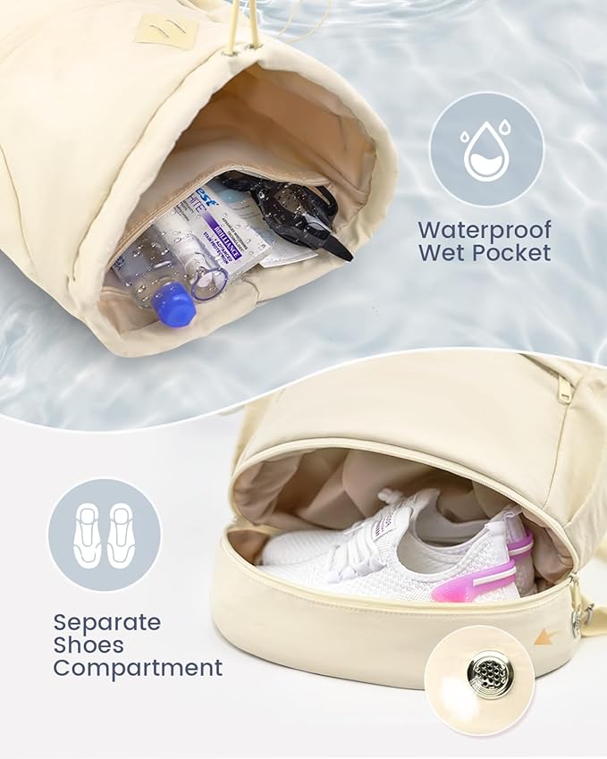 Drawstring Backpack Sports Gym Bag with Shoe Compartment and Wet Pocket String Swim Bag for Women Men Beach Backpack, Beige