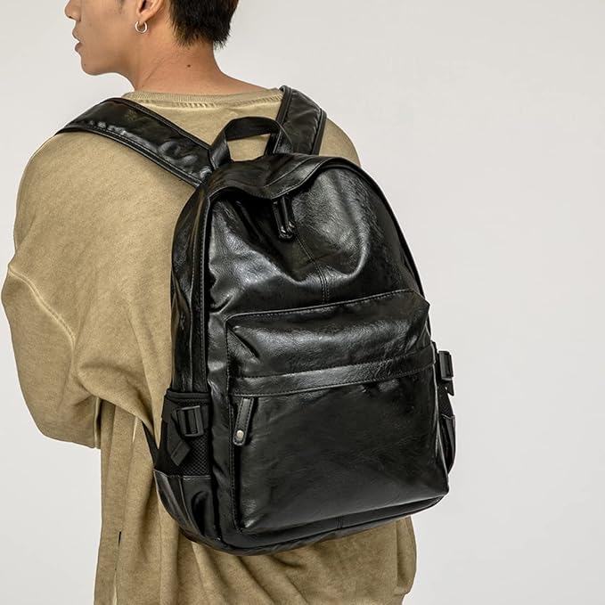 Leather Laptop Backpack for Men Women, School College Bookbag Casual Travel Daypack (Black)