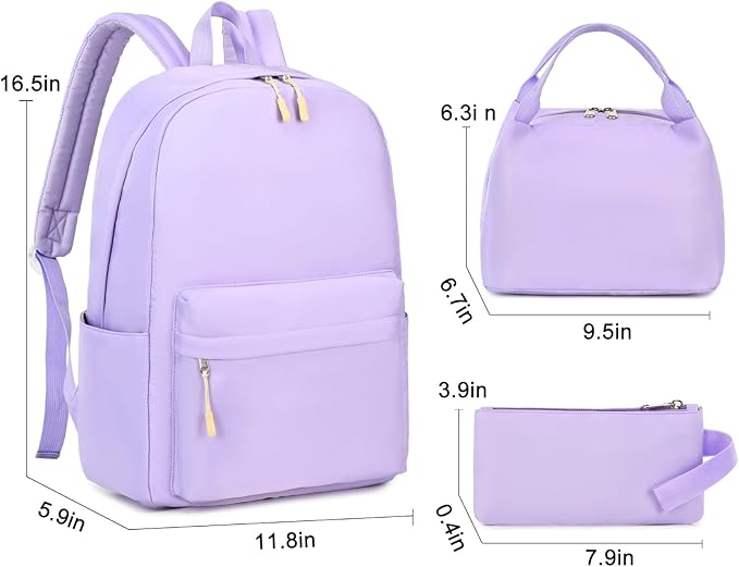 Kids Backpack for Girls School Backpacks College Bookbag Water Resistant Laptop Backpack with Lunch Bag and Pencil Bag, Purple