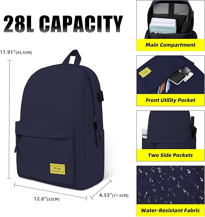 Premium Lightweight Laptop Backpack with USB Charging Port, Durable College School Bookbag, 2 Built-in Organizers, Padded 15.6-inch Laptop/Notebook Sleeve, Slim Water Resistant Bag, Navy Blue
