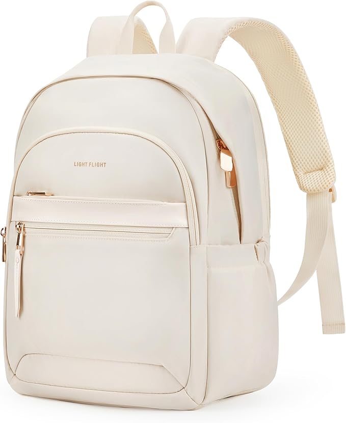 LIGHT FLIGHT Travel Backpack for Women, 15.6 Inch Stylish Laptop Backpack, Computer Bag for College Work Daily, Water-Resistant Casual Daypack with USB Port, Beige