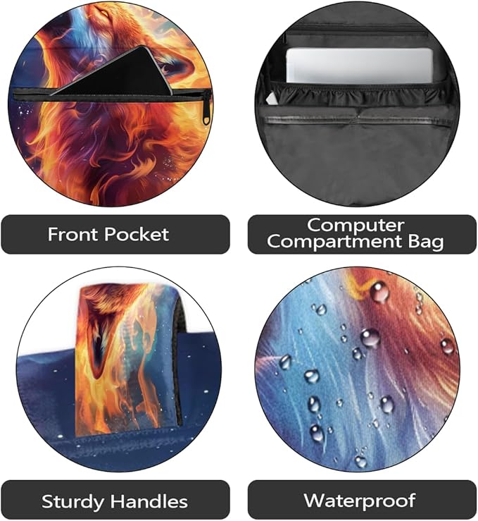 Pardick Wolf Fire Backpack for Kids Girls Boys Lightweight School College Students 18in Bookbag Large Capacity Computer Backpacks Laptop Rucksack Travel Gym Hiking Camping Daypack