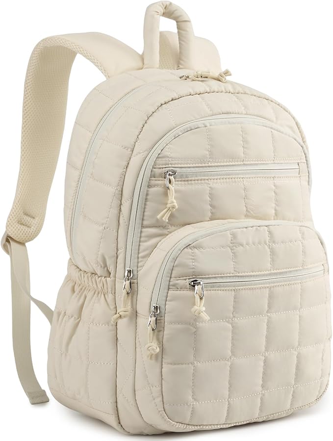 College Bookbag for Women, 17.3in Laptop Backpack Quilted Backpack Puffer for Travel Work Casual Daypack, School Backpack for Teens, Beige