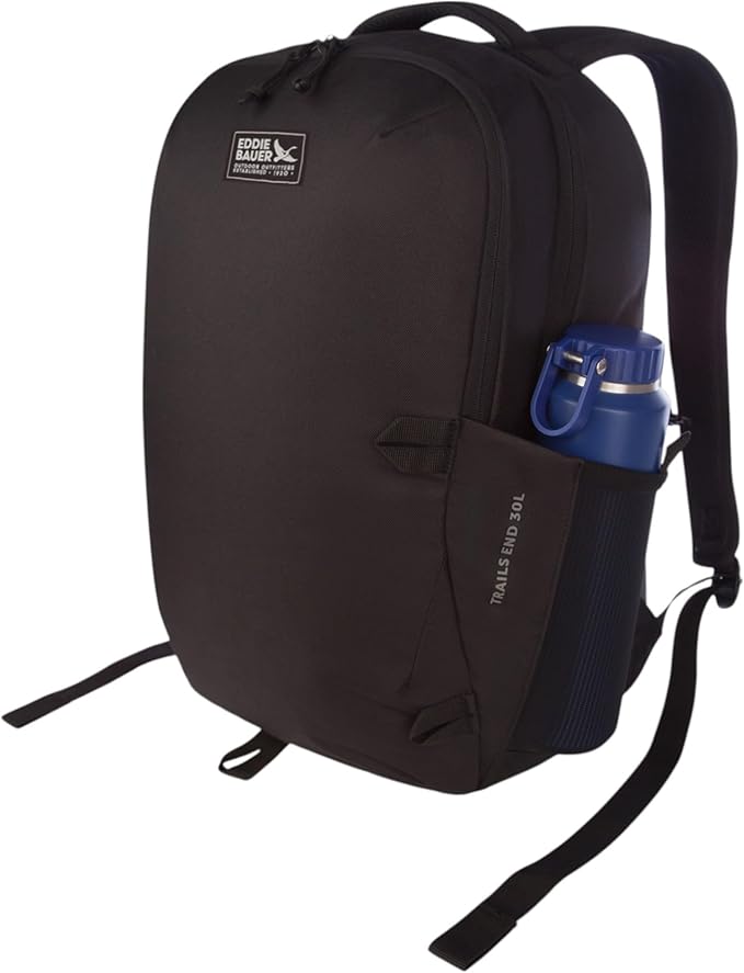 Eddie Bauer Trail Ends Backpack 28L | Laptop Sleeve | Everyday Carry | Travel | Work | Commuting | Stretch Side Pockets | Padded Shoulder Straps | Mesh Back - Black
