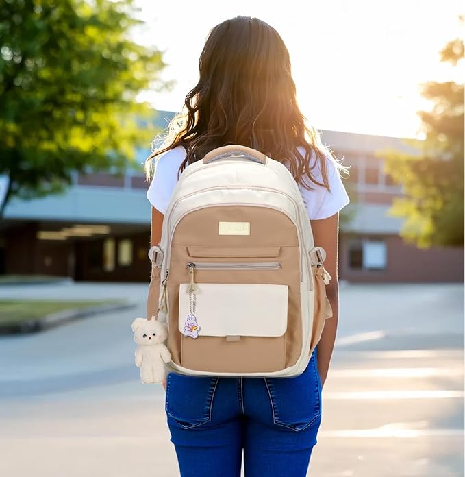 Girls Backpack for College High Middle School Student, Cute Aesthetic Bookbag for Teens Women with Accessories,Khaki Beige