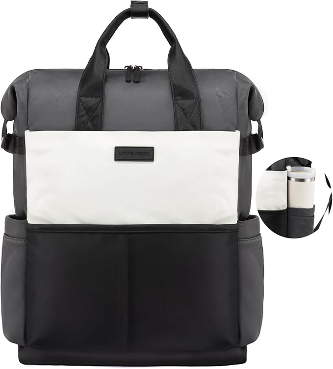 LOVEVOOK Laptop Backpack for Women, 17.3 Inch Work Travel Backpack Purse for School College Bookbag for Teen Girls Waterproof Computer Bag for Teacher Nurse Business, Black-Beige-Grey