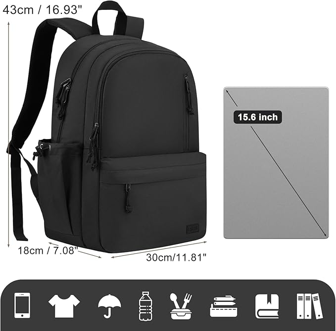 Black Backpack for Teens, Lightweight 15.6in Laptop Bag for Girls Boys Middle School High School, College Student Men Women