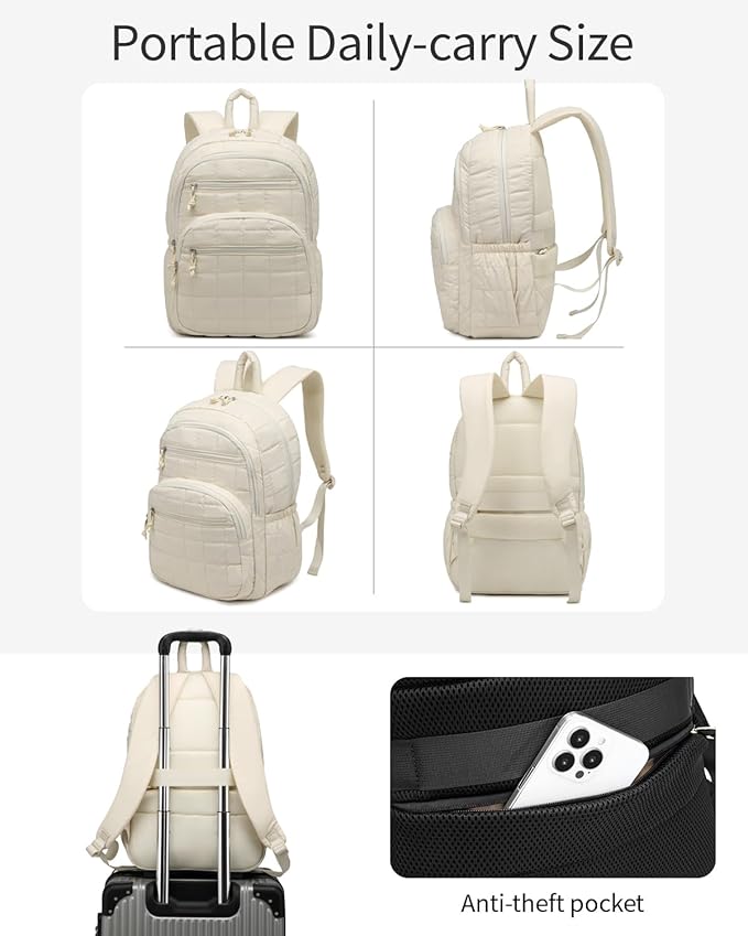 College Bookbag for Women, 17.3in Laptop Backpack Quilted Backpack Puffer for Travel Work Casual Daypack, School Backpack for Teens, Beige