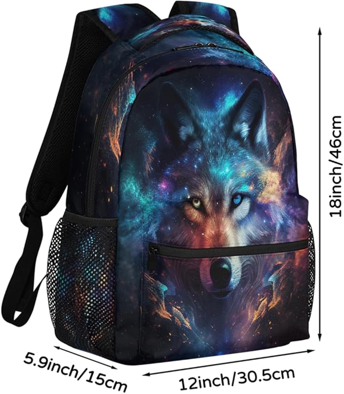 Pardick Animal Wolf Galaxy Backpack for Kids Girls Boys Lightweight School College Students 18in Bookbag Large Capacity Computer Backpacks Laptop Rucksack Travel Gym Hiking Camping Daypack