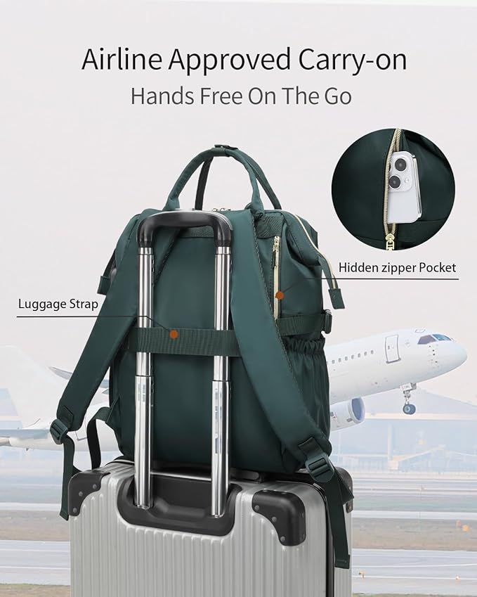 Computer Backpack for Women, Work Bag Laptop Bookbag with Cup Holder & USB Charger for Teacher Nurse College Travel Back Pack, Gifts, Beige DarkGreen