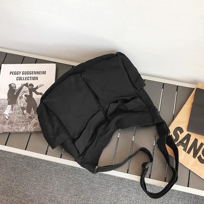 GAXOS Aesthetic Cute Messenger Bag for School Vintage Black Canvas Crossbody for Women Shoulder Laptop Bag