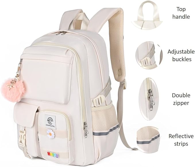 School Backpack for Girls & Women, Bookbag for Middle School & College, Large Travel Daypack for Laptop (White)
