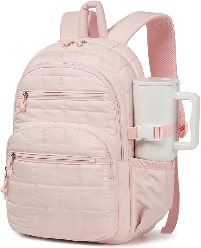 Cute Laptop Backpack for Women, Quilted College Bookbag with Tumbler Holder Pocket for Nurse Teacher Work Travel, Puffer School Backpack for Teen Girls Big Student, Pink