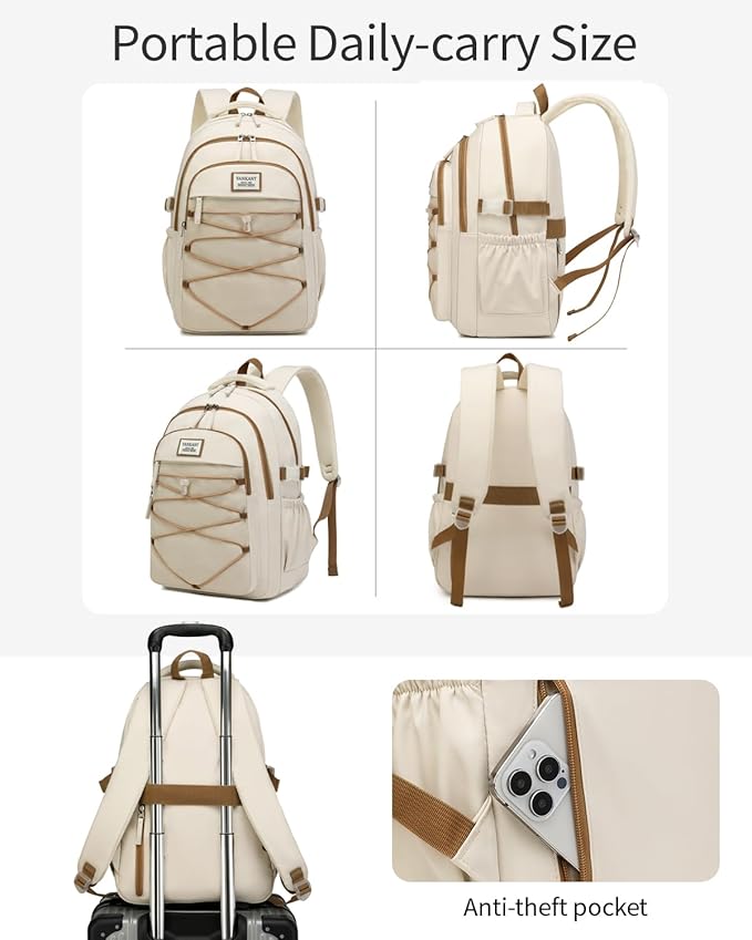 Teen Girls Backpack School Bag, 17.3in Laptop Backpack for Women Work Commuter, Aesthetic College Bookbag for Students, Beige