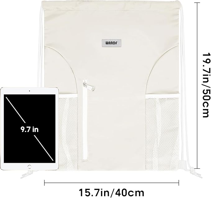 WANDF Drawstring Backpack Sports Gym Sackpack with Mesh Pockets Water Resistant String Bag for Women Men (Beige)
