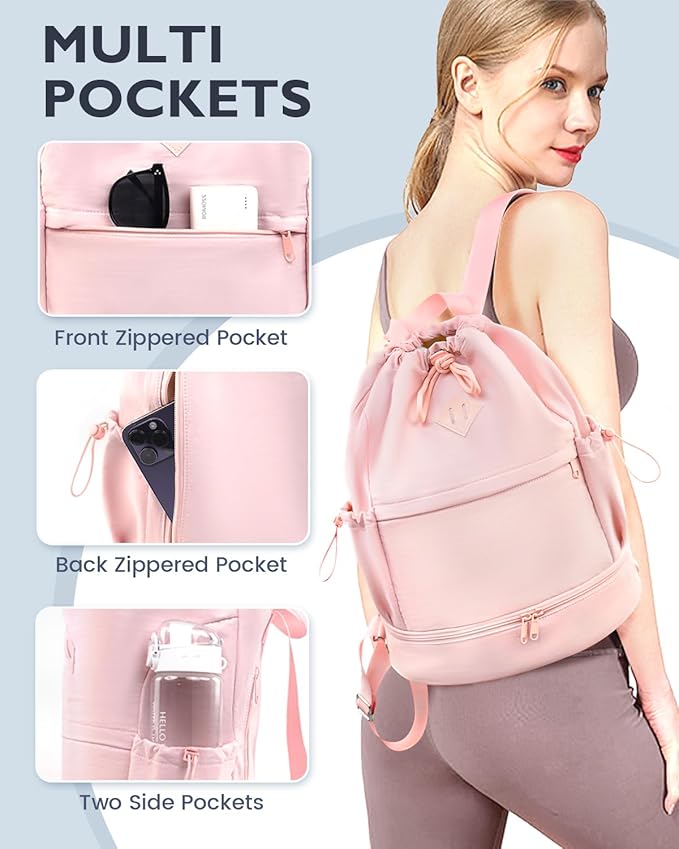 Drawstring Backpack Sports Gym Bag with Shoe Compartment and Wet Pocket String Swim Bag for Women Men Beach Backpack, Pink