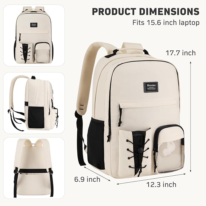 School Backpack for Women, Bookbag for Teen Girls College Backpacks for Students Large 15.6 Inch Laptop Bag for Travel Work, Beige