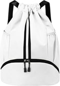 Drawstring Backpack Gym Bag with Shoes Compartment for Soccer, Basketball, Swim, Water-Resistant String Backpack Beach Cinch for Women Men, White
