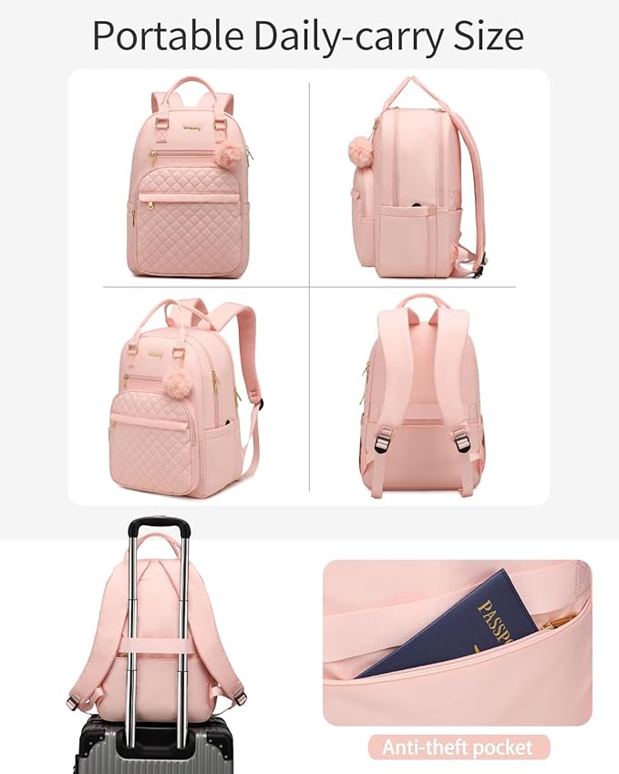 Girls School Backpack, Laptop Backpack for Women Middle High School College Students, Travel Work Bag Cute Nursing Bookbag, Pink