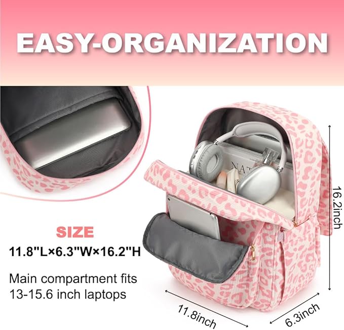 Women Laptop Backpack, Corduroy 15.6" Travel Backpack for Work College Business, Teacher Nurse Bag with Large Capacity School Bookbag Bags for Girls - Leopard Pink