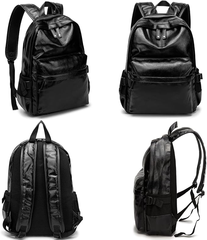 Leather Laptop Backpack for Men Women, School College Bookbag Casual Travel Daypack (Black)
