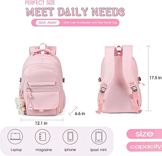 Girls Backpack for College High Middle School Student, Cute Aesthetic Bookbag for Teens Women with Accessories,Pink