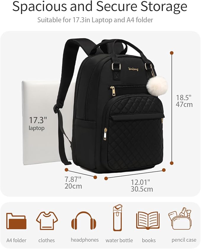 17.3in Women Laptop Backpack, Bookbag for Teen Girls Middle High School College Students, Teacher Work Bag Nursing School Bag, Black