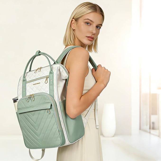 KROSER Laptop Backpack 17" Stylish Backpack Water Repellent College Casual Daypack with USB Port Travel Business Work Bag for Men/Women-Beige/Light Green