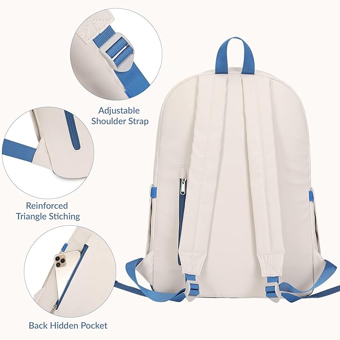 Lohol Classic Backpack for Girls Boys Teens, Lightweight Bookbag for School Travel College (Beige/Blue)