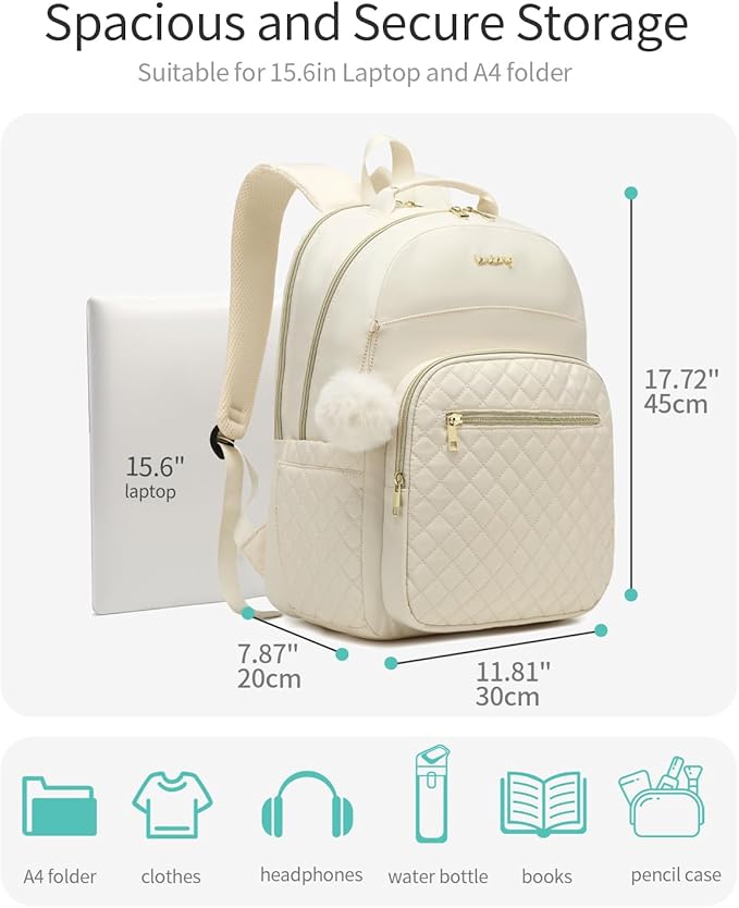 Travel Laptop Backpack Women, Water Resistant Bookbag Schoolbag with Charging Hole for Teen Girls College Students Work Bag, Beige