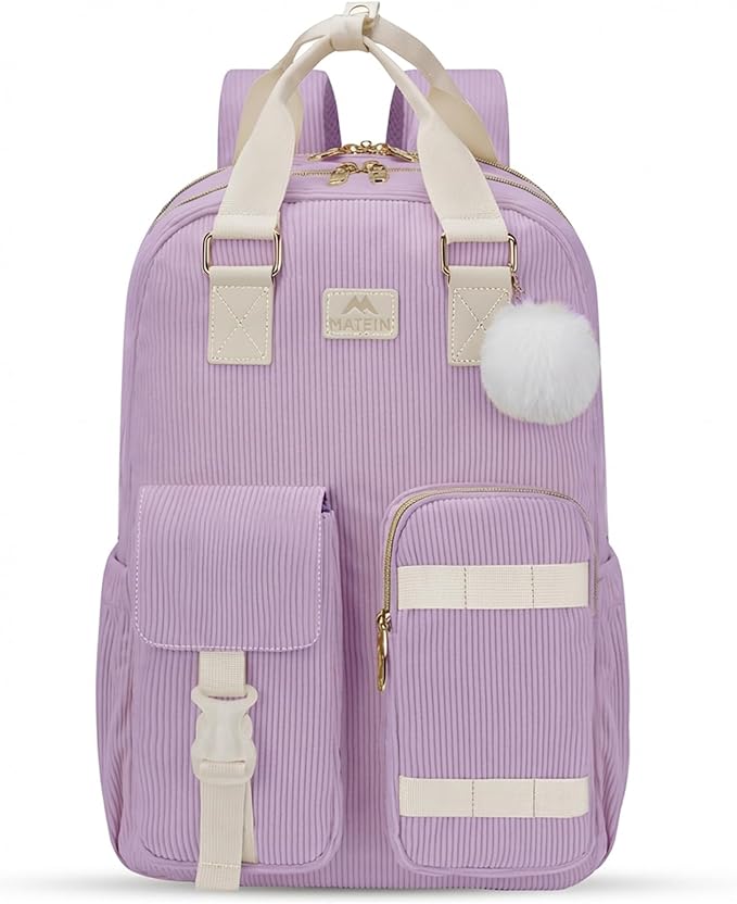 MATEIN Cute School Backpack for Teens Girls, 15.6 Inch Kawaii College Backpack Corduroy Computer Bookbag, TSA Lightweight Laptop Back Pack Aesthetic Preppy Kids Students, Purple