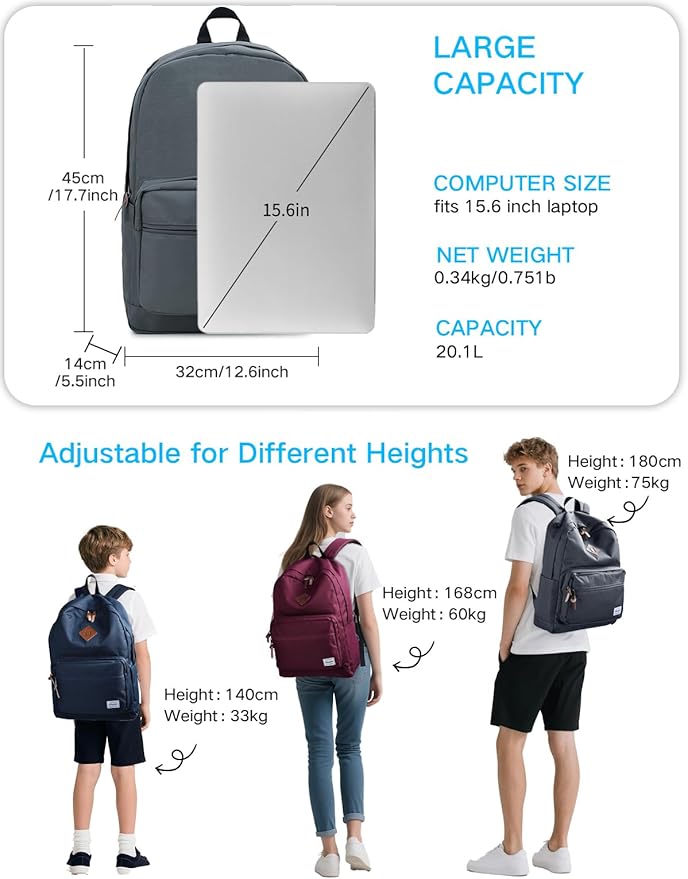 RAVUO School Backpack for Men Women | Classic Bookbag for 15.6 inch Laptop Water-Resistant College Daypack for Travel, Grey