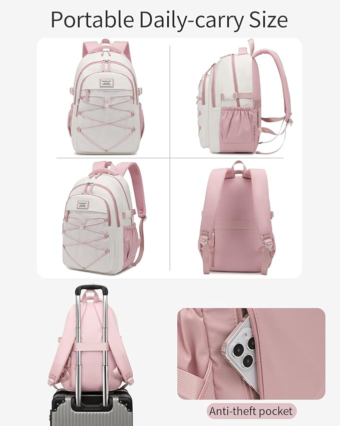 Teen Backpack for Girls, Women Bookbag for College Students Middle High School, Aesthetic Schoolbag Back Pack, White Pink