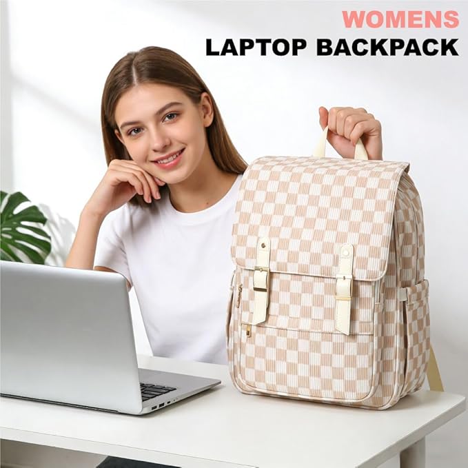 Women Laptop Backpack, Corduroy 15.6" Travel Backpack for Work College Business, Teacher Nurse Bag with Large Capacity School Bookbag Bags for Girls - Checkered Brown