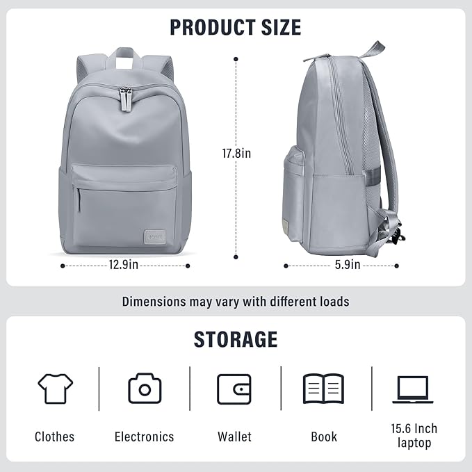 HOMIEE Lightweight Casual Laptop Backpack Fits 15.6 Inch Computer, Water-Resistant Small Daypack Unisex Bookbag for Teen College Work Travel, Grey