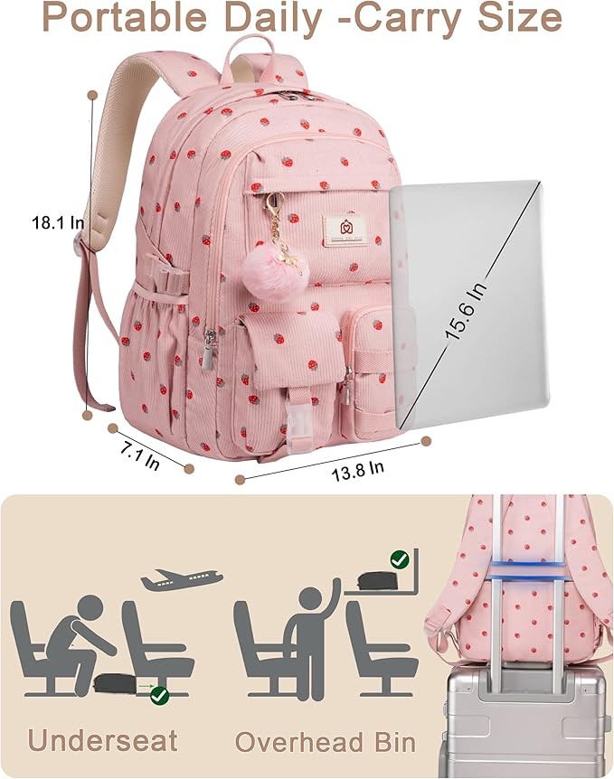 Hidds School Backpack for Teens Girls Women 15.6 Inch Laptop College Backpacks Corduroy Work Bag Kids Elementary Middle High Campus Bookbag Students Anti Theft Travel Daypack Womens - Pink Strawberry