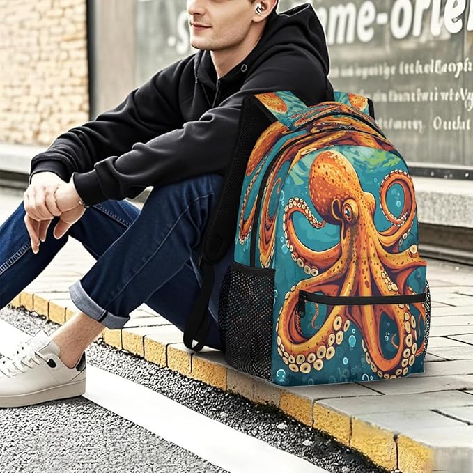 Pardick Retro Octopus Backpack for Kids Girls Boys Lightweight School College Students 18in Bookbag Large Capacity Computer Backpacks Laptop Rucksack Travel Gym Hiking Camping Daypack