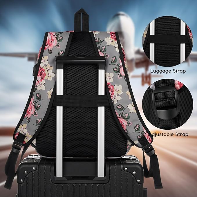 School Backpack Women and Teen Girl,Classic Bookbag Schoolbag with USB Port for High School College Office Work Travel 15.6 inch Gray Flower