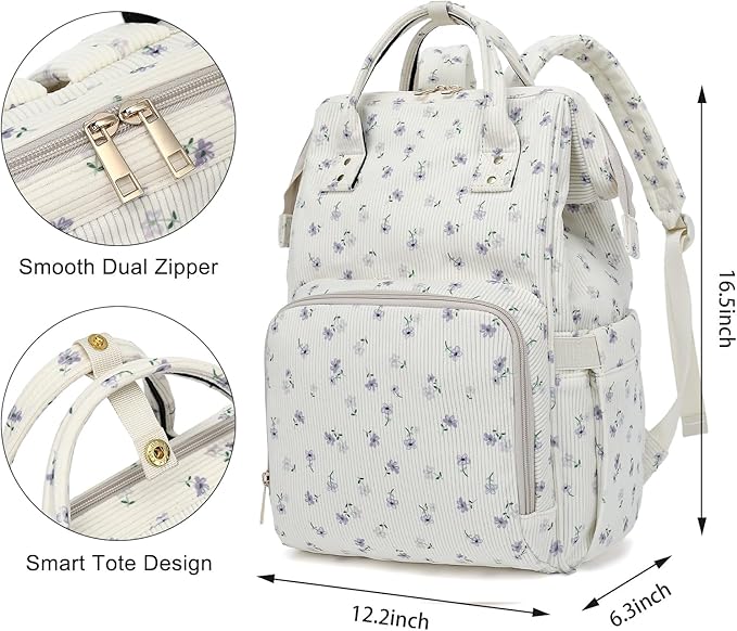 Laptop Backpack for Women, Corduroy College School Backpack Bookbag 15.6 inch Business Computer Travel Backpack (Flowers Purple)