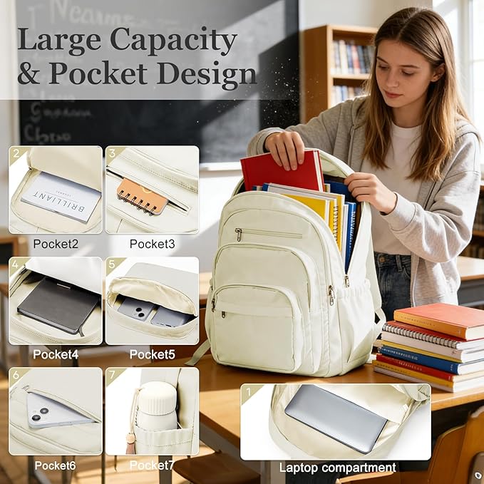 College Backpack For Women Men,Lightweight High School Bag,School Backpack With Lots Of Pockets,Cute Bookbag For Teens Boys Girls,Casual Daypack Backpack For School(Beige)