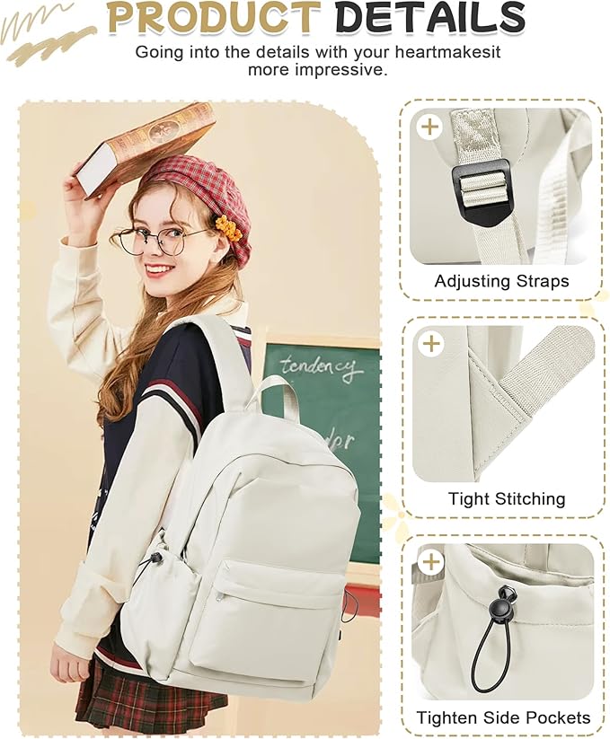 SEAFEW Small Backpack for School Girls Kids Women, Waterproof Bookbag Cute High School Backpack for Men Teen Boys, Lightweight College Back Pack Mochilas Escolares para Casual Daypack Rucksack White