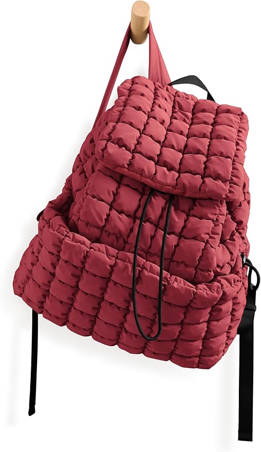 ODODOS Quilted Backpack 2.0 for Women Lightweight Puffer Hiker Pack Drawstring Padding Travel Gym Bag, True Red