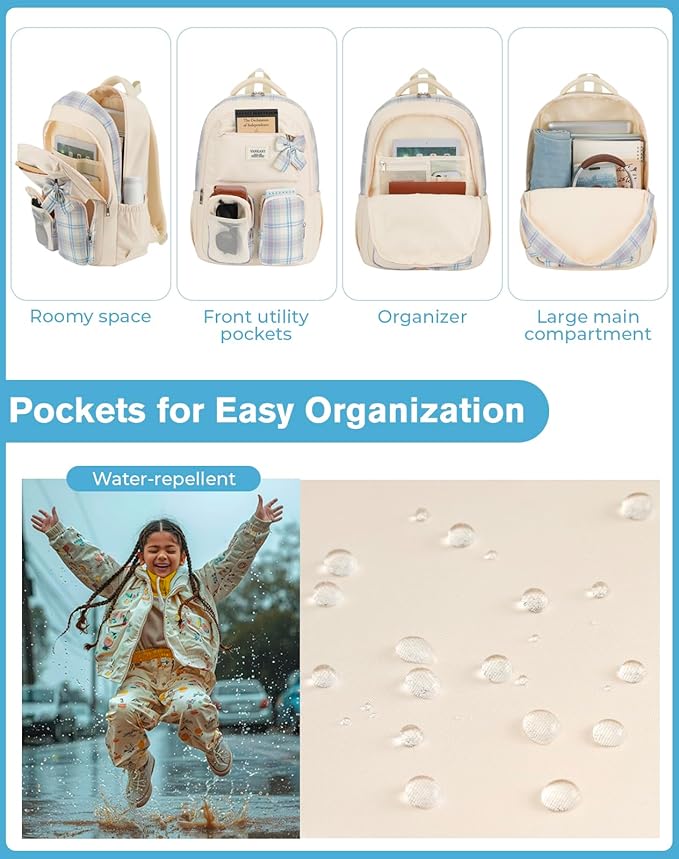 School Backpack for Teen Girls Cute Bookbags Elementary High School College Laptop Bags Women Travel Daypacks Mochilas Escolares, Beige