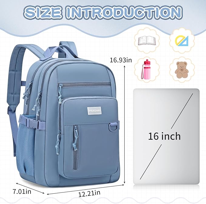 Kids Backpack for School Cute Aesthetic Blue Backpack Girls Student Bookbag Women Travel Lightweight Book Bag