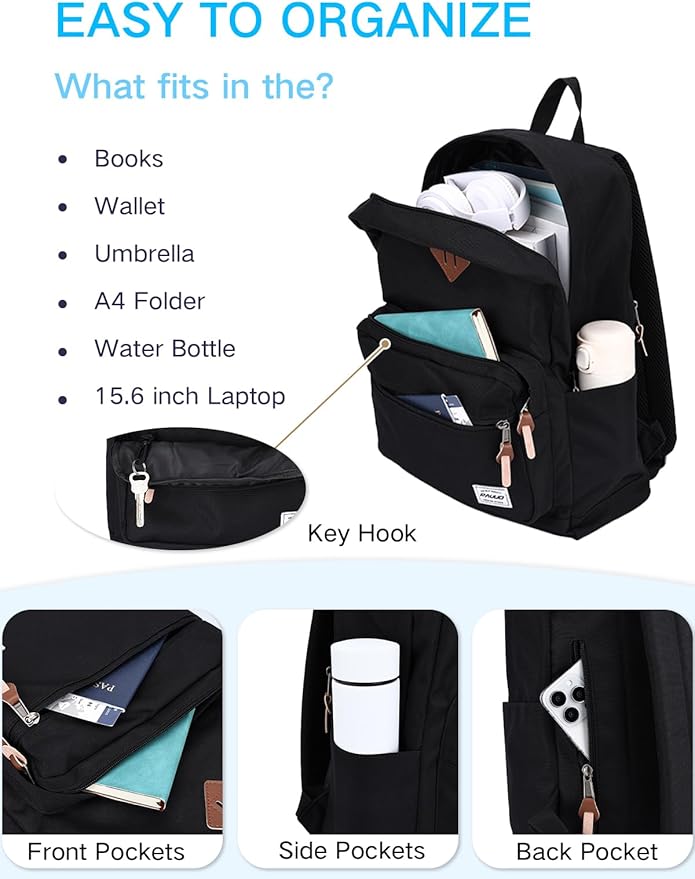 RAVUO Black School Backpack for Men Women | Classic College Bookbag for 15.6inch Laptop, Water Resistant Casual Daypack Schoolbag for Travel, Work