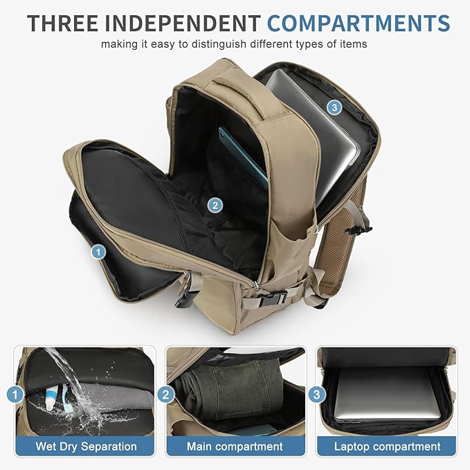 Travel Backpack for Men Women, 35L Laptop Backpack W/Shoe Compartment, Water Resistant Flight Approved Fits 15.6-inch Laptop, Khaki