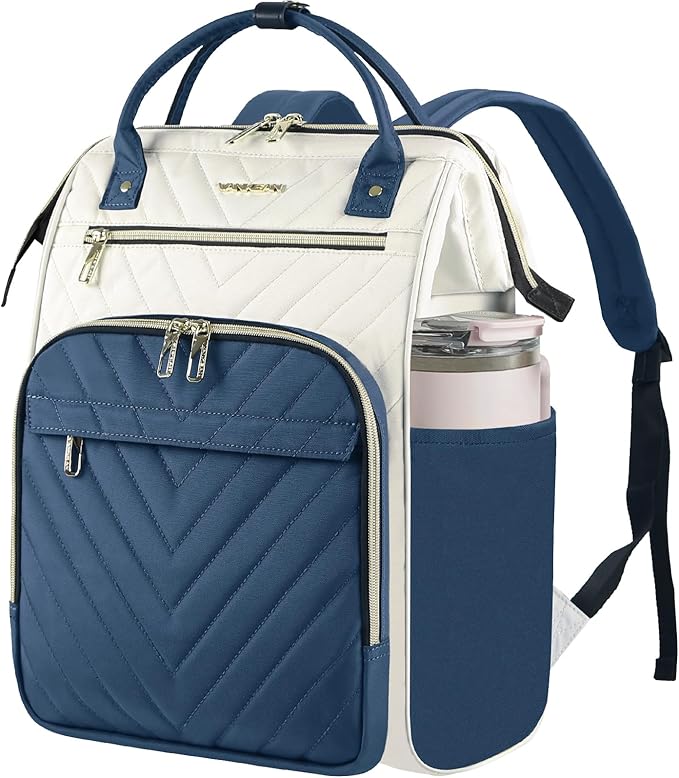 VANKEAN 17 Inch Laptop Backpack for Women Men Fashion Computer Work Bag, Large Capacity Waterproof Backpack with USB Port & RFID Pockets, College Daypack Business Travel, Beige-Haze blue